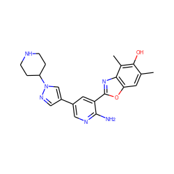 Cc1cc2oc(-c3cc(-c4cnn(C5CCNCC5)c4)cnc3N)nc2c(C)c1O ZINC000084653315