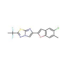 Cc1cc2oc(-c3cn4nc(C(C)(F)F)sc4n3)cc2cc1Cl ZINC000653662923