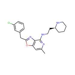 Cc1cc2oc(Cc3cccc(Cl)c3)nc2c(NCC[C@@H]2CCCCN2)n1 ZINC000028528702