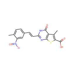 Cc1ccc(/C=C/c2nc3sc(C(=O)O)c(C)c3c(=O)[nH]2)cc1[N+](=O)[O-] ZINC000007738674