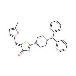 Cc1ccc(/C=C2\SC(N3CCN(C(c4ccccc4)c4ccccc4)CC3)=NC2=O)o1 ZINC000020289903