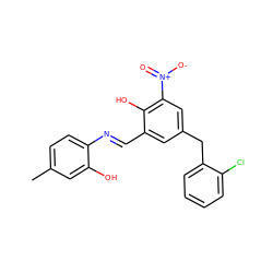 Cc1ccc(/N=C/c2cc(Cc3ccccc3Cl)cc([N+](=O)[O-])c2O)c(O)c1 ZINC000005173337