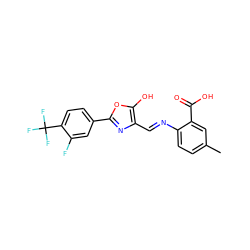 Cc1ccc(/N=C/c2nc(-c3ccc(C(F)(F)F)c(F)c3)oc2O)c(C(=O)O)c1 ZINC000013588222