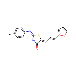 Cc1ccc(/N=C2\NC(=O)/C(=C/C=C/c3ccco3)S2)cc1 ZINC000013804394