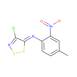 Cc1ccc(/N=c2\ssnc2Cl)c([N+](=O)[O-])c1 ZINC000004602268