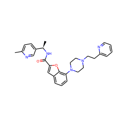 Cc1ccc([C@@H](C)NC(=O)c2cc3cccc(N4CCN(CCc5ccccn5)CC4)c3o2)cn1 ZINC000114867679