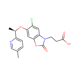 Cc1ccc([C@@H](C)Oc2cc3oc(=O)n(CCC(=O)O)c3cc2Cl)nc1 ZINC001772617390