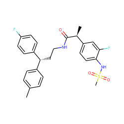 Cc1ccc([C@@H](CCNC(=O)[C@@H](C)c2ccc(NS(C)(=O)=O)c(F)c2)c2ccc(F)cc2)cc1 ZINC000082158035