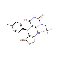 Cc1ccc([C@@H]2C3=C(COC3=O)Nc3c2c(=O)[nH]c(=O)n3CC(F)(F)F)cc1 ZINC001772632801