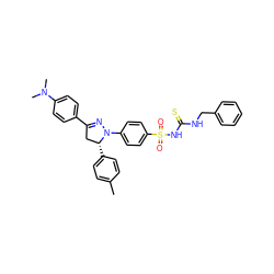 Cc1ccc([C@@H]2CC(c3ccc(N(C)C)cc3)=NN2c2ccc(S(=O)(=O)NC(=S)NCc3ccccc3)cc2)cc1 ZINC000169334388