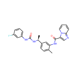 Cc1ccc([C@H](C)NC(=O)Nc2cccc(F)c2)cc1NC(=O)c1cnc2ccccn12 ZINC000220969425