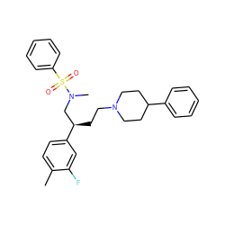 Cc1ccc([C@H](CCN2CCC(c3ccccc3)CC2)CN(C)S(=O)(=O)c2ccccc2)cc1F ZINC000013479379