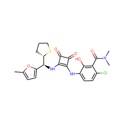 Cc1ccc([C@H](Nc2c(Nc3ccc(Cl)c(C(=O)N(C)C)c3O)c(=O)c2=O)[C@@H]2CCCS2)o1 ZINC000207401291