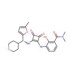 Cc1ccc([C@H](Nc2c(Nc3cccc(C(=O)N(C)C)c3O)c(=O)c2=O)C2CCOCC2)o1 ZINC000205441681