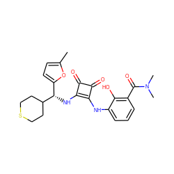 Cc1ccc([C@H](Nc2c(Nc3cccc(C(=O)N(C)C)c3O)c(=O)c2=O)C2CCSCC2)o1 ZINC000205353707