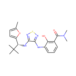 Cc1ccc([C@H](Nc2nsnc2Nc2cccc(C(=O)N(C)C)c2O)C(C)(C)C)o1 ZINC000040848876