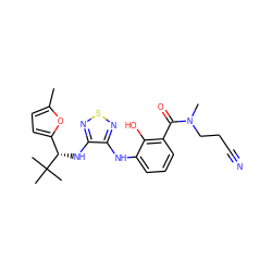 Cc1ccc([C@H](Nc2nsnc2Nc2cccc(C(=O)N(C)CCC#N)c2O)C(C)(C)C)o1 ZINC000040866070