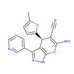 Cc1ccc([C@H]2C(C#N)=C(N)Oc3[nH]nc(-c4cccnc4)c32)o1 ZINC000005818371