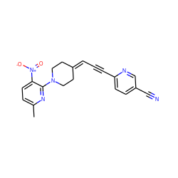 Cc1ccc([N+](=O)[O-])c(N2CCC(=CC#Cc3ccc(C#N)cn3)CC2)n1 ZINC000473249659