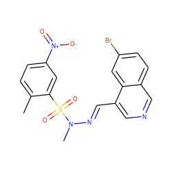 Cc1ccc([N+](=O)[O-])cc1S(=O)(=O)N(C)/N=C/c1cncc2ccc(Br)cc12 ZINC000028871293