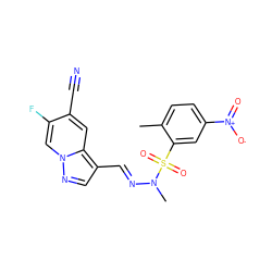 Cc1ccc([N+](=O)[O-])cc1S(=O)(=O)N(C)/N=C/c1cnn2cc(F)c(C#N)cc12 ZINC000082155259