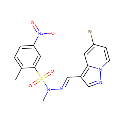 Cc1ccc([N+](=O)[O-])cc1S(=O)(=O)N(C)/N=C/c1cnn2ccc(Br)cc12 ZINC000073198947