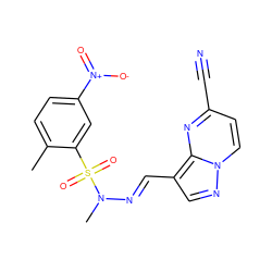 Cc1ccc([N+](=O)[O-])cc1S(=O)(=O)N(C)/N=C/c1cnn2ccc(C#N)nc12 ZINC000473124096