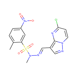 Cc1ccc([N+](=O)[O-])cc1S(=O)(=O)N(C)/N=C/c1cnn2ccc(Cl)nc12 ZINC000473114977