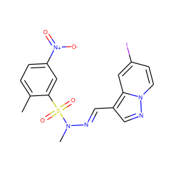 Cc1ccc([N+](=O)[O-])cc1S(=O)(=O)N(C)/N=C/c1cnn2ccc(I)cc12 ZINC000082153887