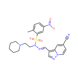 Cc1ccc([N+](=O)[O-])cc1S(=O)(=O)N(CCN1CCCCC1)/N=C/c1cnn2ccc(C#N)cc12 ZINC000082155907