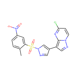 Cc1ccc([N+](=O)[O-])cc1S(=O)(=O)n1cc(-c2cnn3ccc(Cl)nc23)cn1 ZINC000473124733