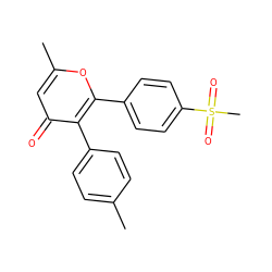 Cc1ccc(-c2c(-c3ccc(S(C)(=O)=O)cc3)oc(C)cc2=O)cc1 ZINC000013581187