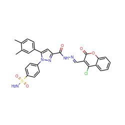 Cc1ccc(-c2cc(C(=O)N/N=C/c3c(Cl)c4ccccc4oc3=O)nn2-c2ccc(S(N)(=O)=O)cc2)cc1C ZINC000653895746