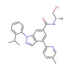 Cc1ccc(-c2cc(C(=O)N[C@@H](C)CO)cc3c2cnn3-c2ccccc2C(C)C)nc1 ZINC000142239541