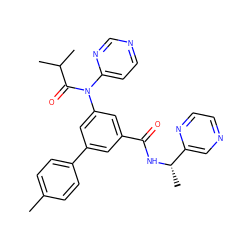 Cc1ccc(-c2cc(C(=O)N[C@@H](C)c3cnccn3)cc(N(C(=O)C(C)C)c3ccncn3)c2)cc1 ZINC000142635722