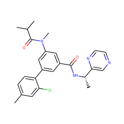 Cc1ccc(-c2cc(C(=O)N[C@@H](C)c3cnccn3)cc(N(C)C(=O)C(C)C)c2)c(Cl)c1 ZINC000142655004