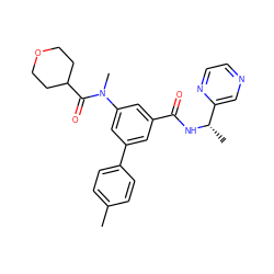 Cc1ccc(-c2cc(C(=O)N[C@@H](C)c3cnccn3)cc(N(C)C(=O)C3CCOCC3)c2)cc1 ZINC000144143036