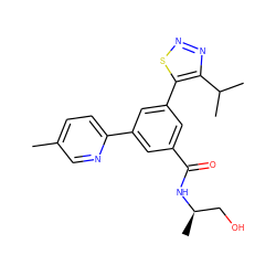 Cc1ccc(-c2cc(C(=O)N[C@H](C)CO)cc(-c3snnc3C(C)C)c2)nc1 ZINC000114293178