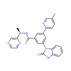 Cc1ccc(-c2cc(C(=O)N[C@H](C)c3cnccn3)cc(-n3c(=O)[nH]c4ccccc43)c2)nc1 ZINC000113543283