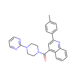 Cc1ccc(-c2cc(C(=O)N3CCN(c4ncccn4)CC3)c3ccccc3n2)cc1 ZINC000002630802