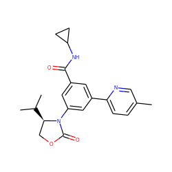 Cc1ccc(-c2cc(C(=O)NC3CC3)cc(N3C(=O)OC[C@H]3C(C)C)c2)nc1 ZINC000113542315