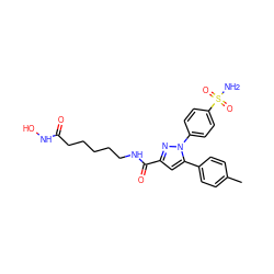 Cc1ccc(-c2cc(C(=O)NCCCCCC(=O)NO)nn2-c2ccc(S(N)(=O)=O)cc2)cc1 ZINC001772639835