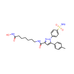 Cc1ccc(-c2cc(C(=O)NCCCCCCC(=O)NO)nn2-c2ccc(S(N)(=O)=O)cc2)cc1 ZINC001772621491