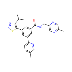 Cc1ccc(-c2cc(C(=O)NCc3cnc(C)cn3)cc(-c3snnc3C(C)C)c2)nc1 ZINC000114293488