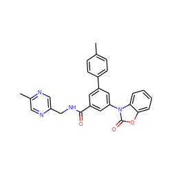 Cc1ccc(-c2cc(C(=O)NCc3cnc(C)cn3)cc(-n3c(=O)oc4ccccc43)c2)cc1 ZINC000113544385