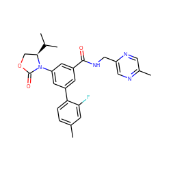 Cc1ccc(-c2cc(C(=O)NCc3cnc(C)cn3)cc(N3C(=O)OC[C@H]3C(C)C)c2)c(F)c1 ZINC000113541613