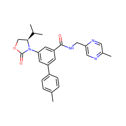 Cc1ccc(-c2cc(C(=O)NCc3cnc(C)cn3)cc(N3C(=O)OC[C@H]3C(C)C)c2)cc1 ZINC000113542613