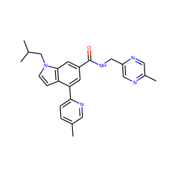 Cc1ccc(-c2cc(C(=O)NCc3cnc(C)cn3)cc3c2ccn3CC(C)C)nc1 ZINC000142240191