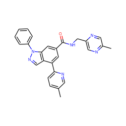 Cc1ccc(-c2cc(C(=O)NCc3cnc(C)cn3)cc3c2cnn3-c2ccccc2)nc1 ZINC000142237531