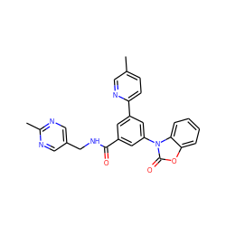 Cc1ccc(-c2cc(C(=O)NCc3cnc(C)nc3)cc(-n3c(=O)oc4ccccc43)c2)nc1 ZINC000113542676